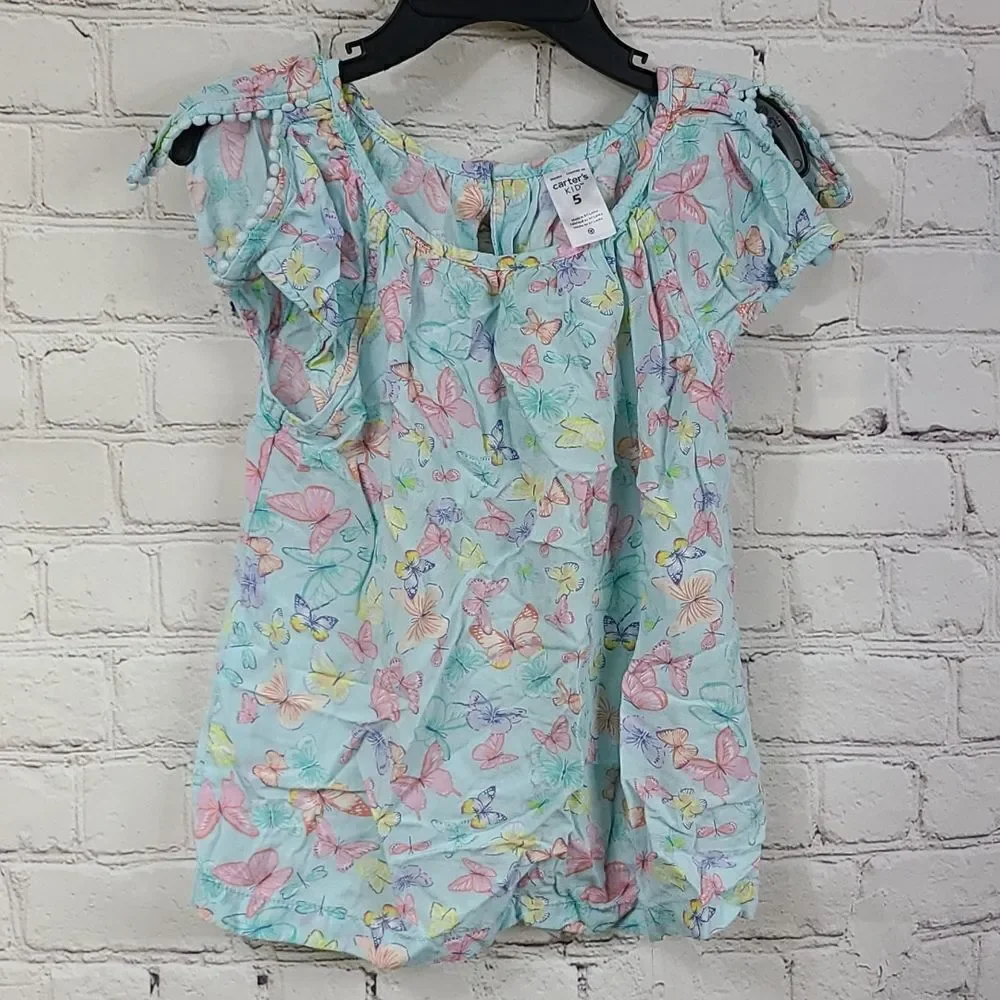 Carter's Blue Butterfly Print Top Pom Flutter Sleeve Shirt Pastel Aqua Blouse